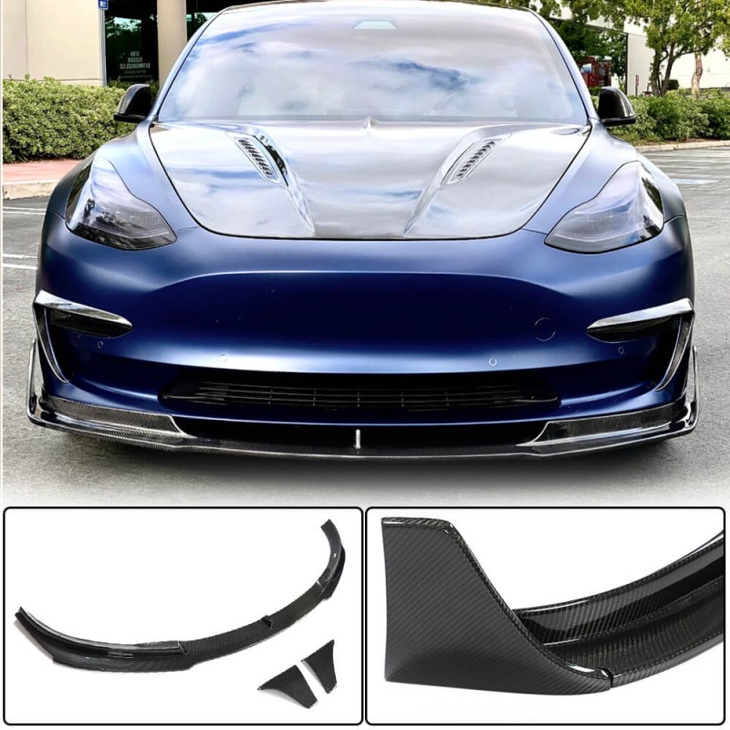 Накладка на передний бампер Lip Карбон V3 (2016-2022) для Tesla Model 3