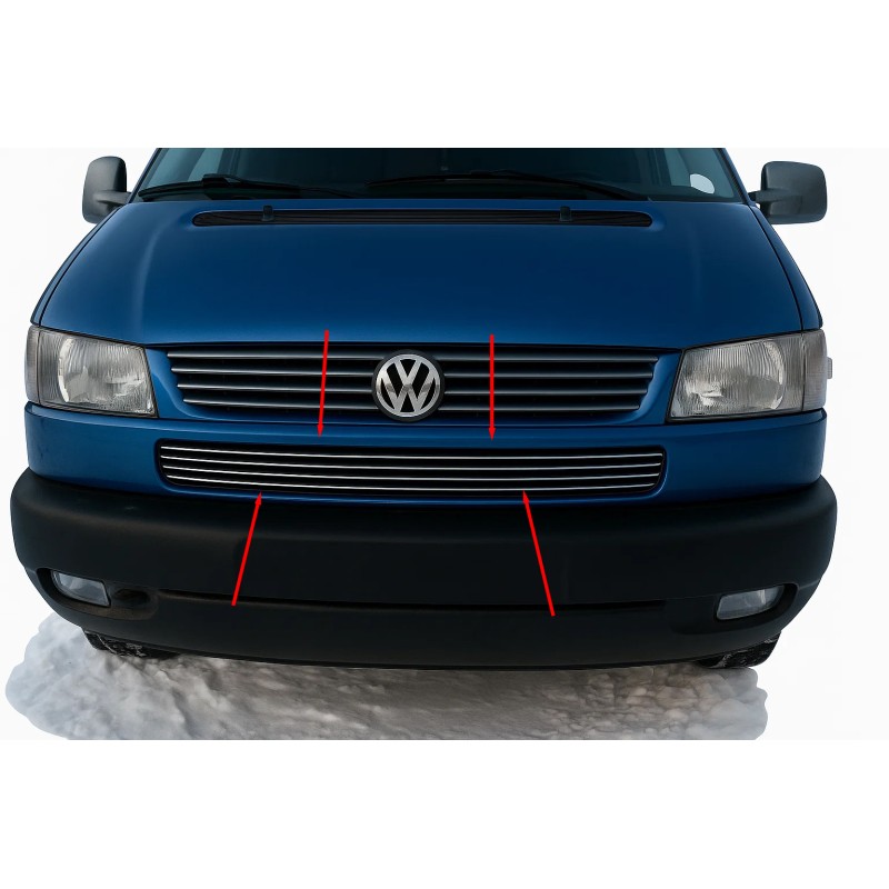 Накладки на решетку бампера Косой капот (4 шт, нержавейка) для Volkswagen T4 Transporter 1990-2003 гг